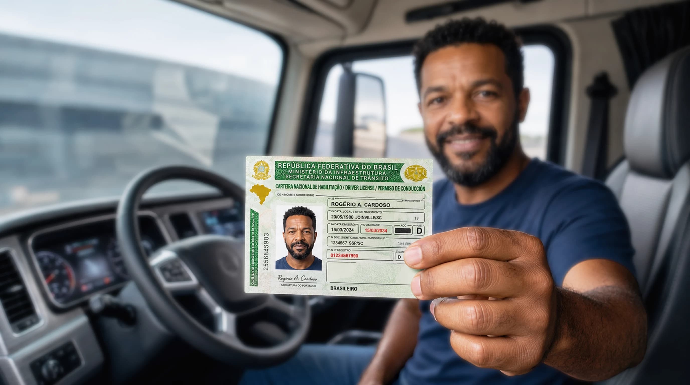 Motorista sorrindo segurando sua nova carteira de habilitação na cabine do caminhão